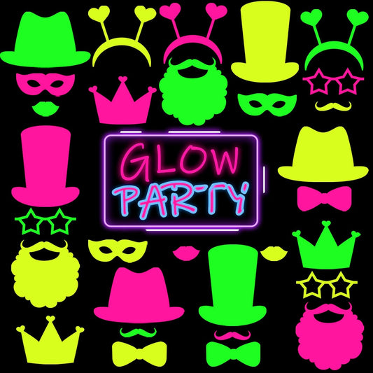 Skylety 24 Pcs Neon Photo Booth Props Glow Photo Booth Fully Assembled Neon Glow Party Colorful Black Light Fluorescent Paper Posing Props for Birthday Wedding Halloween Christmas Decorations