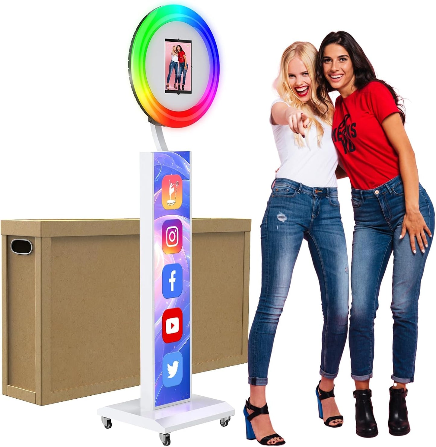 JIYANG Portable Photo Booth Compatible with Any Ipad,Photo Booth Stand Shell with ChackTok PhotoBooth VIP Member and Flight Case,Free Custom Logo,Perfect for Parties,Wedding and Events(White)