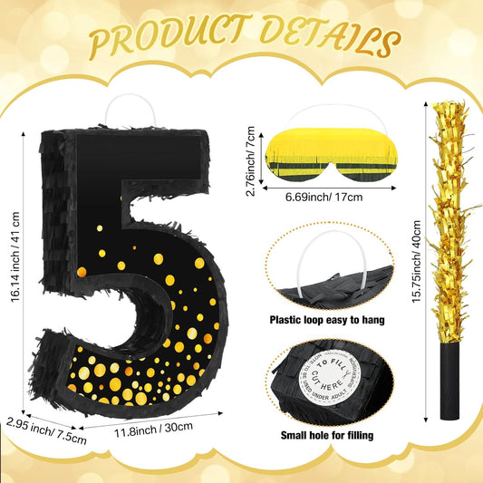 Poen Pinata for Birthday Party Decorations Black Gold Pinata with Blindfold Stick Confetti and Eye Mask for Party Supply Anniversary Baby Shower Retirement Supplies(Number 5)