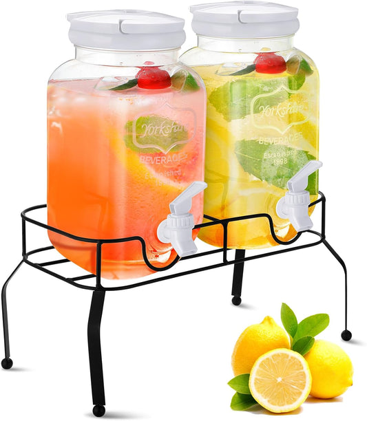 Teenyyou 2 Pcs Plastic Drink Dispensers for Parties Beverage Dispenser with Stand and Spigot Juice Lemonade Jars with Lid for Countertop Party Bar Picnics Water Tea, 2 Gallons Total