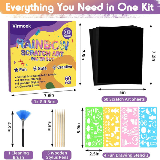 Virmoek 60 Pcs Scratch Art for Kids, Ages 3-8, Rainbow Scratch Paper Kit, Magic Scratch Off Art Craft Set, Mess-Free Kids Craft Supplies, Easter Basket Stuffers, Christmas Toys
