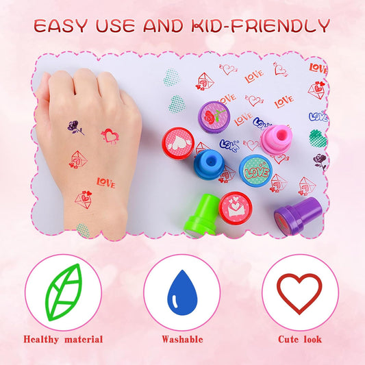 28-Pack Valentine's Day Self-Inking Stamps, Heart Love Patterns, 7 Assorted Designs for Gift Exchange, Game Prizes, and Carnivals, Kids Cartoon Encouragement Toy Stamps, Goodies Bag Fillers
