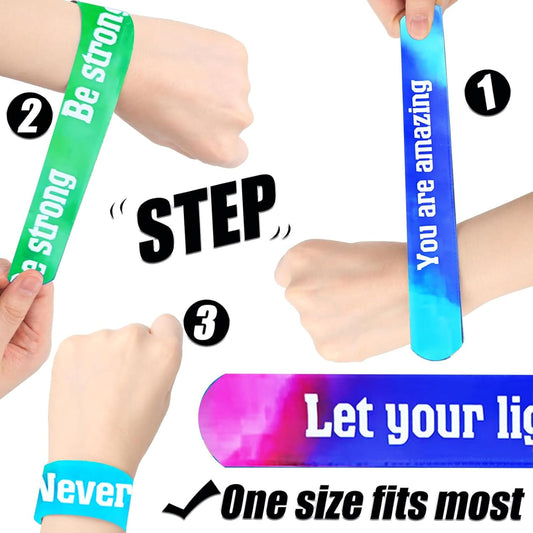 24PCS Motivational Slap Bracelets Bulk,Inspirational Saying Wristbands Party Favors, Encourage Bracelets for Classroom Rewards, Group Spirit Gifts, Event Giveaways Supplies
