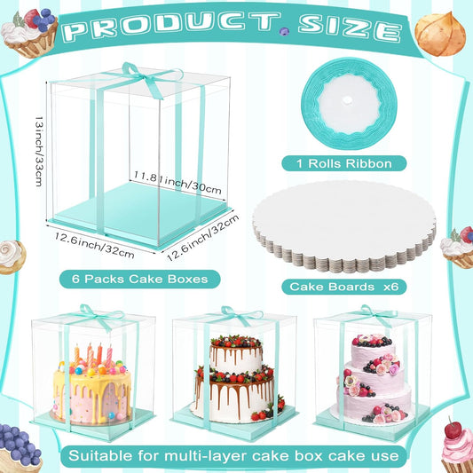 Watersay 6 Pack Large Clear Cake Box with Round Cake Boards and Ribbon Taller Box Carrier Tiered Transparent Gift Container with Lid & Board for Birthday Wedding Festival Party(Pink,30x30x33cm)