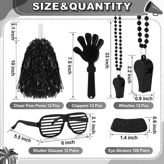 Realspring 148 Pcs Colleges Team Spirit Items Bulk University Team Spirit Week Accessories, Hand Clapper Noisemaker Whistle Cheerleading Pom Poms Shutter Glasses Sticker for Sports