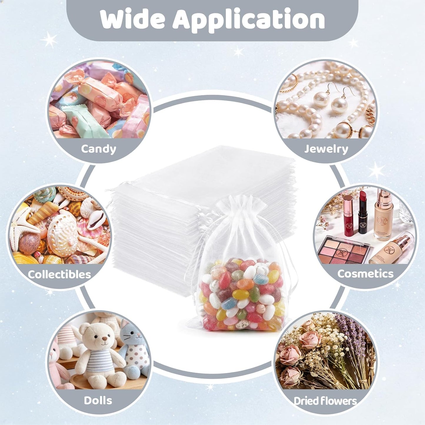 FUNFERY 100 Pcs White Organza Bags 3x4 in, Small Mesh Drawstring Gift Bags for Sachet, Jewelry, Wedding Favor, Candy Goodie Treat Bag,Easter Day