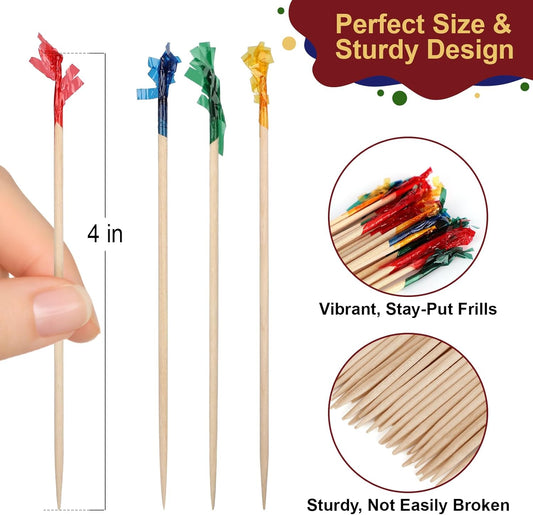 FATLODA Cocktail Picks, Colored Frill Fancy Wooden Toothpicks for Appetizers Sandwich Drinks Fruit, 4 Inch Decorative Bamboo Skewers Food Sticks, Charcuterie Boards Accessories Party Supplies - 500