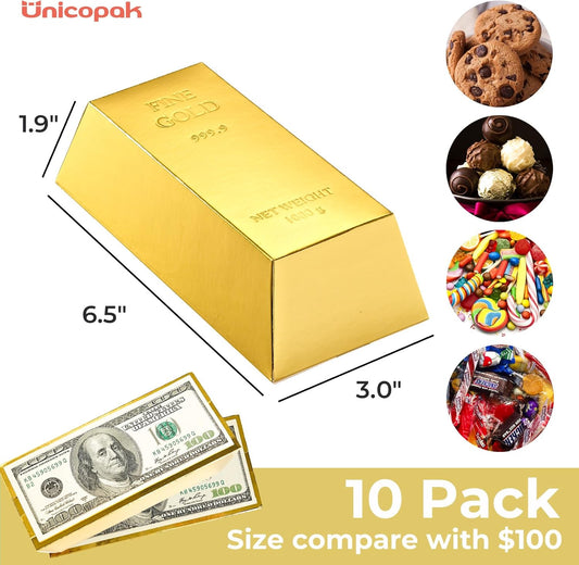 UnicoPak 30 Pack Gold Bar Party Favor Boxes, Simulated Foil Gold Treat Boxes Candy Boxes Decorated Boxes, with FINE GOLD 999.9 Embossed Pattern, 6.5x3 Inch Gift Boxes for Candy, Halloween, Christmas