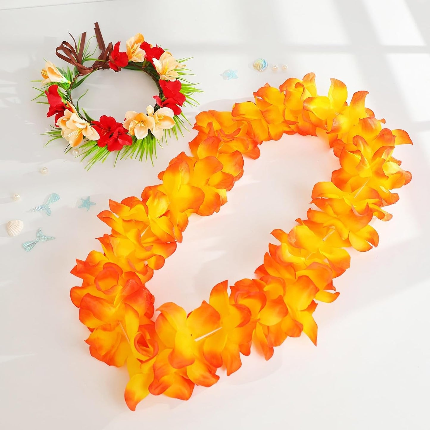 5 PCS Hawaiian Leis Flower Crown Set - Leis for Luau Party Tropical Orange Red Flower Crowns for Women Hawaiian Leis for Adults Flower Headband Summer Beach Hawaiian Party Decorations Accessories