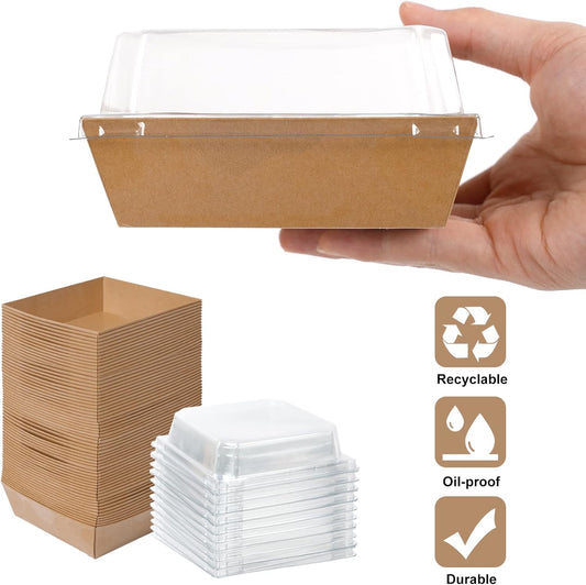 Kosotody 50 Pack Charcuterie Boxes with Clear Lids, 4 Inches Brown Oil-Proof Kraft Paper Food Containers Bakery Boxes for Sandwich, Cookies, Hot Cocoa, Cupcakes and Strawberries(Brown)