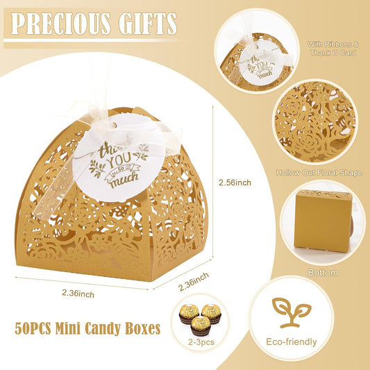 AdasBridal 50Pcs Small Gift Boxes for Party Favors, Laser Cut Candy Boxes Wedding Favor with Thank You Card Ribbons for Bridal Baby Shower Wedding Decorations (White, 2.36")