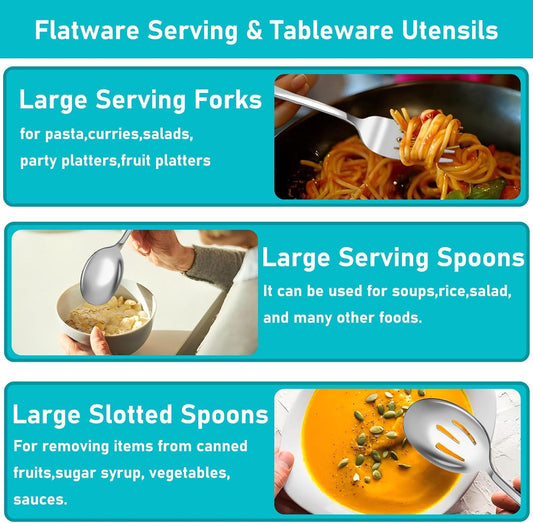 Serving Utensils, 15 Pcs Stainless Steel Large Flatware Serving Tools Kit, Included Spoons, Forks, Tongs, Slotted Spoon, Ladle, Cake Server for Kitchen Catering Banquet Wedding Buffet Party, Silver