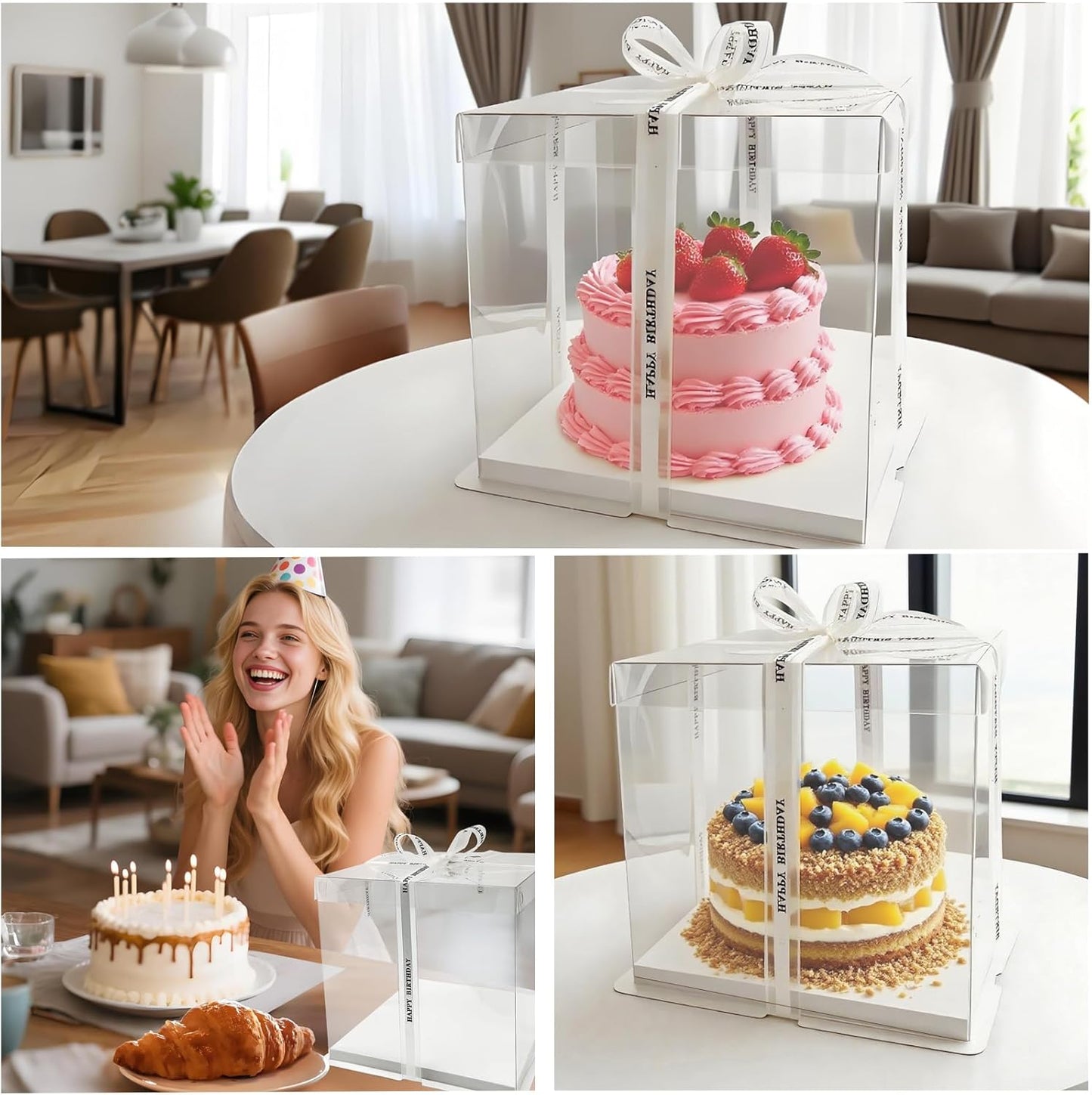 6 Pack Clear Cake Box with Ribbon, 8 x 8 x 9 Inch Transparent Cake Carrier Transport Container, PET Bakery Take Out Transport Containers for Birthday, Holiday, Wedding, Party