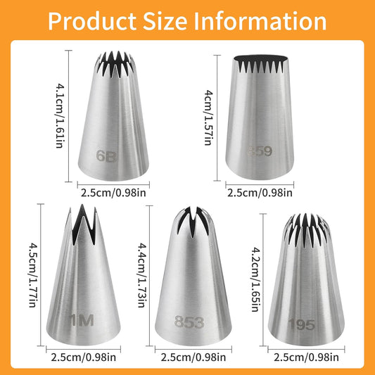 5 PCS Large Piping Tips Set, Cake Decorating Tips, Stainless Steel Frosting Icing Tip Baking Tools for Cupcakes, Cookie, Cake Decorating (Dishwasher Safe) 