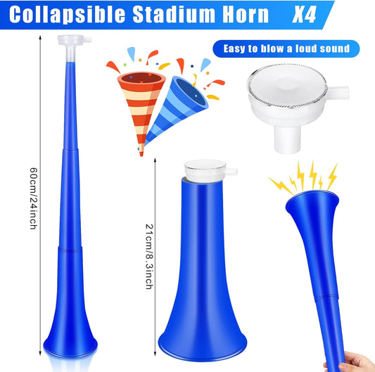 Sosation 4 Pieces Collapsible Stadium Horn 24 Inch Vuvuzela Plastic Trumpet Horn Blow Noisemakers for Sporting Events Football Games Sports Party Supplies Favors Accessories(Blue)