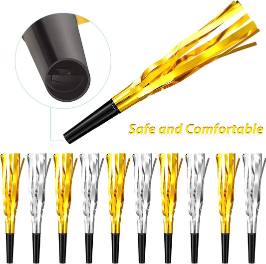 Skylety 40 Pieces Party Noise Makers New Year Horns and Blowouts Gold Glitter Squawkers Whistles Metallic Fringed Musical Blowers Bulk for Adult Birthday Graduation Sporting Event 2026 New Years Favor