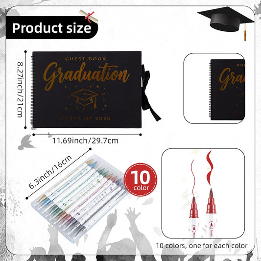 2026 Graduation Guest Book, Black and Gold Graduation Scrapbook Album with Ribbon Tie With 10 Different Colored Double Headed Markers for High School College Grad Party Decorations and Keepsake Gifts