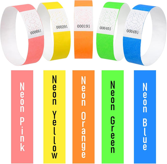 DGBDPACK Neon 500 Pcs Wristbands, 1-500 Consecutive Numbers, 5 Neon Colors, Waterproof Tearproof Wrist Straps Admission Bracelets Tickets, 100 Pcs per Color