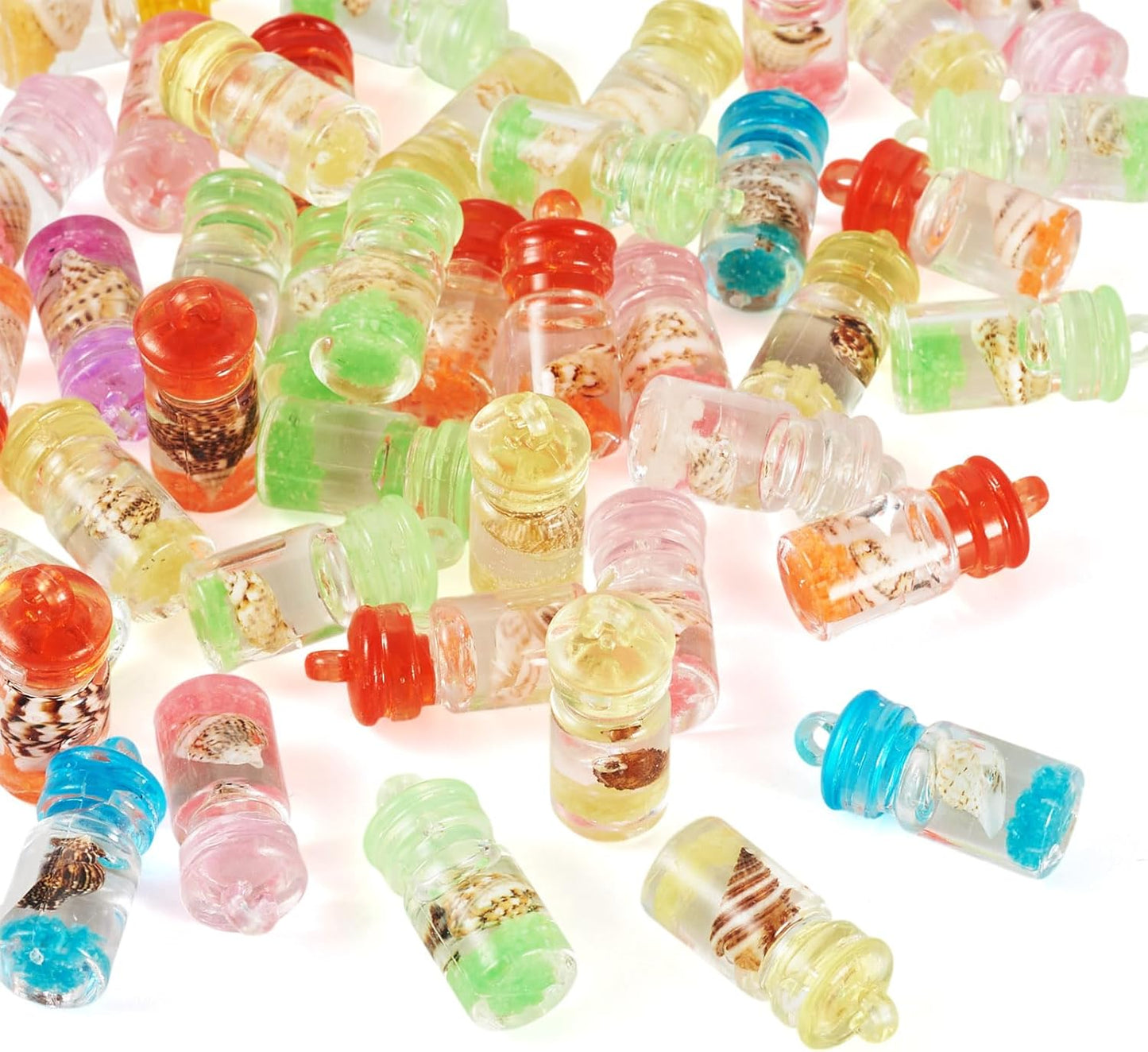 FASHEWELRY 50Pcs Glow in the Dark Resin Wishing Bottle Charms Mystery Jewelry Jar for Glow Bracelets and Necklaces Shell Mini Fairy Dust Necklace Charms for Keychain Earring