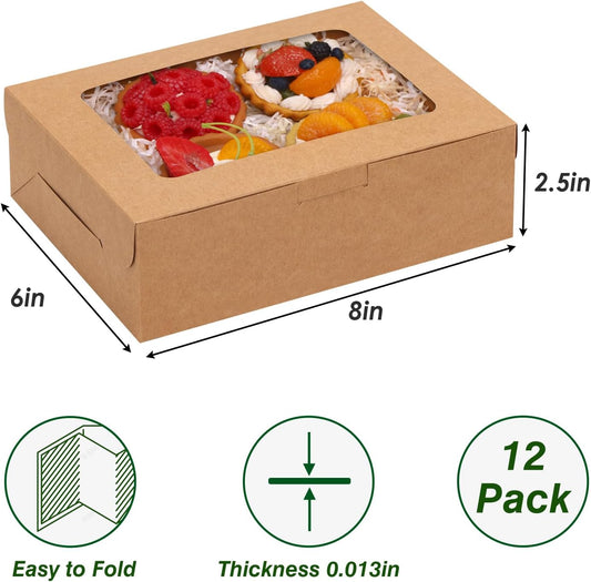 TOMNK 12pcs 8x6x2.5 Inches Brown Bakery Boxes with Window, Cookie Boxes for Chocolate Strawberries, Donuts, Cupcakes, Muffins and Dessert