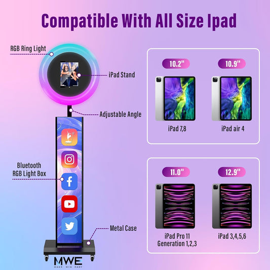 JIYANG Portable Photo Booth Compatible with Any Ipad,Photo Booth Stand Shell with ChackTok PhotoBooth VIP Member and Flight Case,Free Custom Logo,Perfect for Parties,Wedding and Events(White)