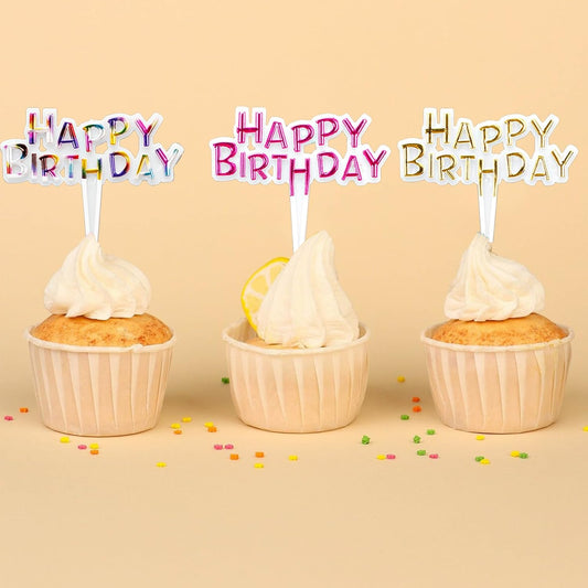 100 PCS Colorful Happy Birthday Cupcake Toppers, Small Plastic Cake Toppers for Birthday, Baby Shower, Anniversary, Party Decorations