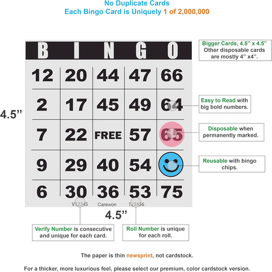 200 Bingo Cards, Large 4.5" x 4.5", Paper Bingo Sheets, Disposable or Reusable for Daubers or Chips