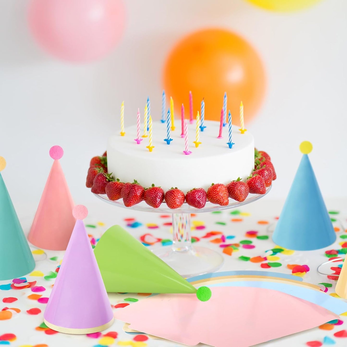 Hooqict 10 PCS Pastel Party Hats for Kids and Adults Birthday Party Cone Hats with Pom Poms Headwear for Boys Girls Stuffed Animals Pastel Rainbow Birthday Party Decorations