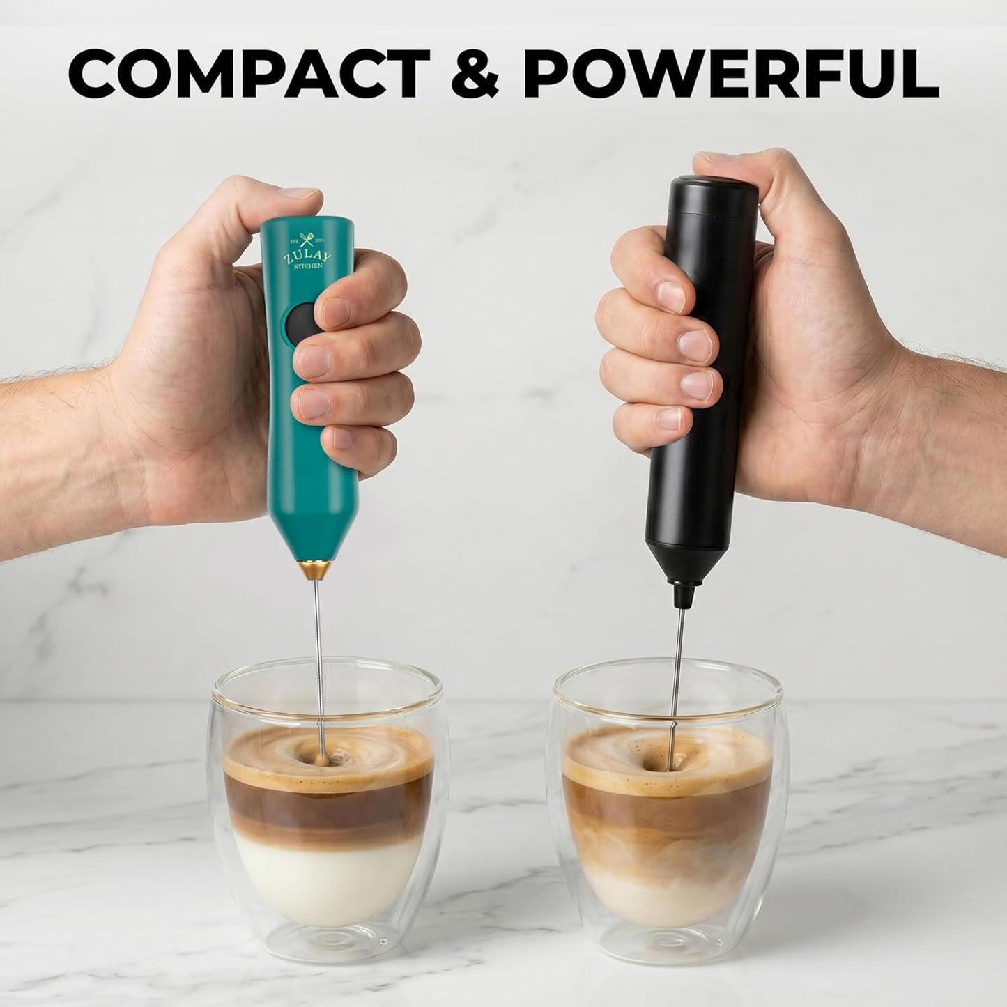 Zulay Kitchen Powerful Milk Frother Wand With Duracell Batteries - Ultra Fast Handheld Drink Mixer - Electric Whisk Foam Maker for Coffee, Lattes, Cappuccino & Matcha - Z1 Motor - Black - Colors D