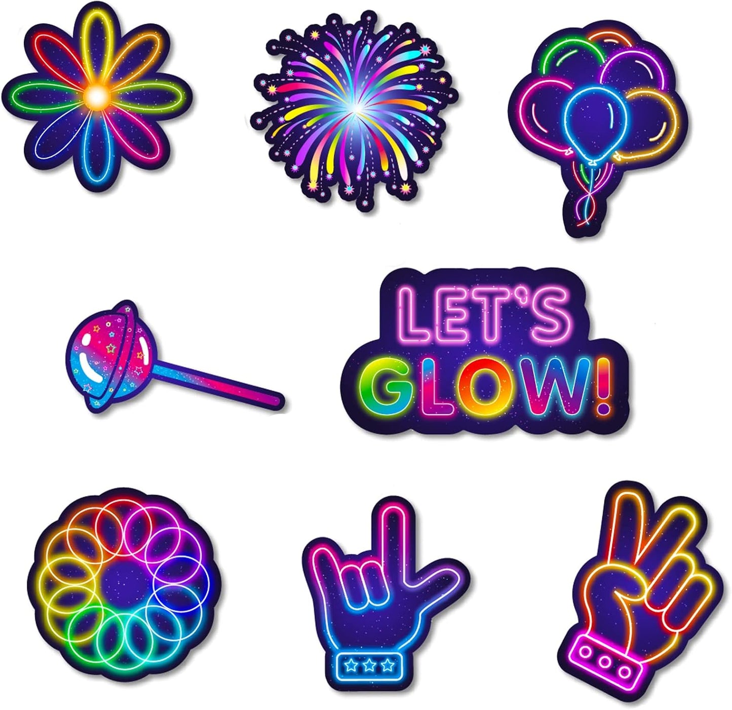 25pcs Glow Neon Photo Booth Props with Stick, Photo Props for Birthday Let's Glow Themed Neon Glow in The Dark Disco Black Light Party Decoration Supplies