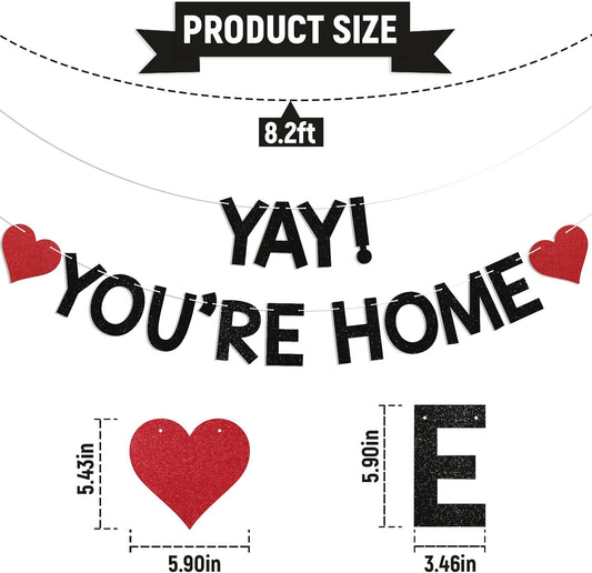 Yay! You're Home! Banner - Welcome Back to Home Sign, Family Reunion Party Bunting Sign, Welcome Home Party Decorations Black Glitter