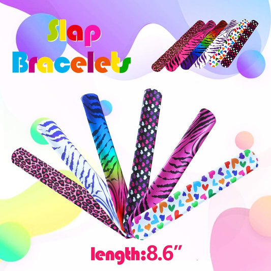 Novelty Place Animal/Heart Print Slap Bracelets Party Wrist Strap for Adult Teens Kids - 9" Assorted Colors (Pack of 25)