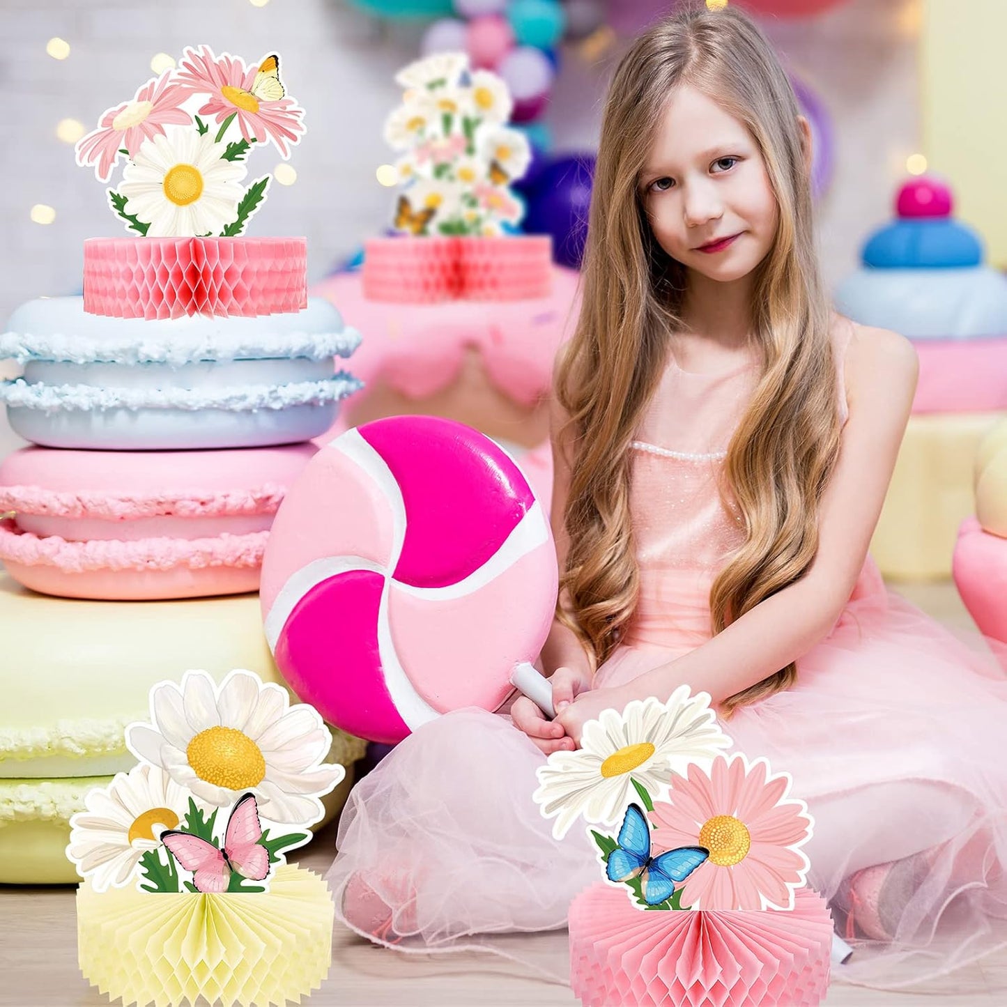 Hotop 9 Pcs Daisy Flower Birthday Party Decorations Daisy Butterfly Honeycomb Centerpieces 3D Daisy Centerpieces for Tables Pink Daisy Table Toppers Boho Groovy Party Decorations Girl Baby Shower