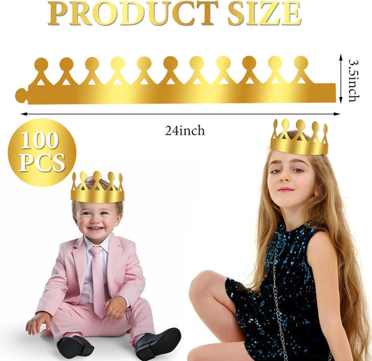 100 Pcs Gold Paper Crowns Birthday Party Bulk Adjustable Birthday Party Hats for Adults Classroom Students Hat Supplies Favors