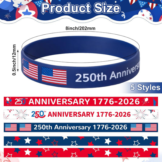 Kenning 50/100/200 Pcs 250th Anniversary Silicone Bracelets Bulk USA 4th of July Patriotic Wristband 1776-2026 American Flag Rubber Bracelet for Independence Day Party Favors Souvenirs(100 Pcs)