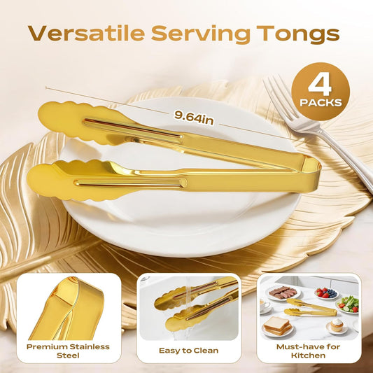 4 Pack Stainless Steel Serving Tongs, 9 Inch Gold Salad Tongs Serving Utensils Buffet Tongs Gold Plated Heavy Duty Reusable Metal Kitchen Clips for Salad, Snack, Barbecue, Catering, Wedding, Party