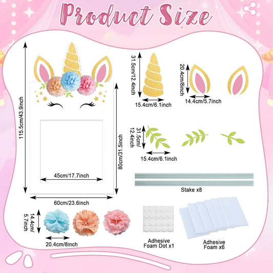 44x24 Inch Unicorn Birthday Photo Booth Props Favor Plastic Unicorn Birthday Decorations DIY Pastel Photo Frame Flowers Stars Golden Glitter Party Favors for Girls Wedding Party Baby Shower