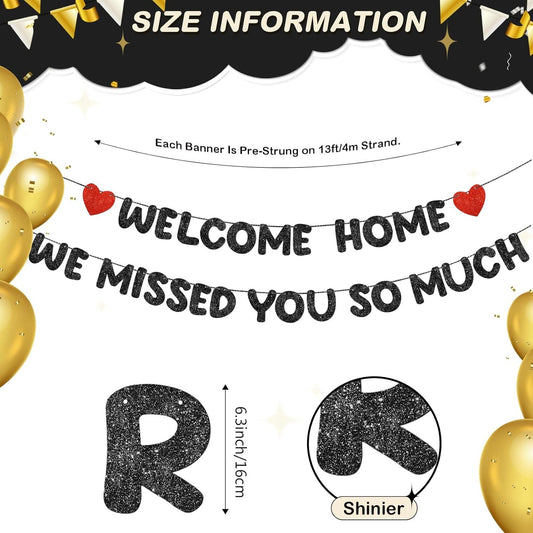 Fulmoon Pre Strung Welcome Home We Missed You So Much Banner Glitter Welcome Home Sign for Party Decorations Military Army Returning, Homecoming, Family(Black,Red)