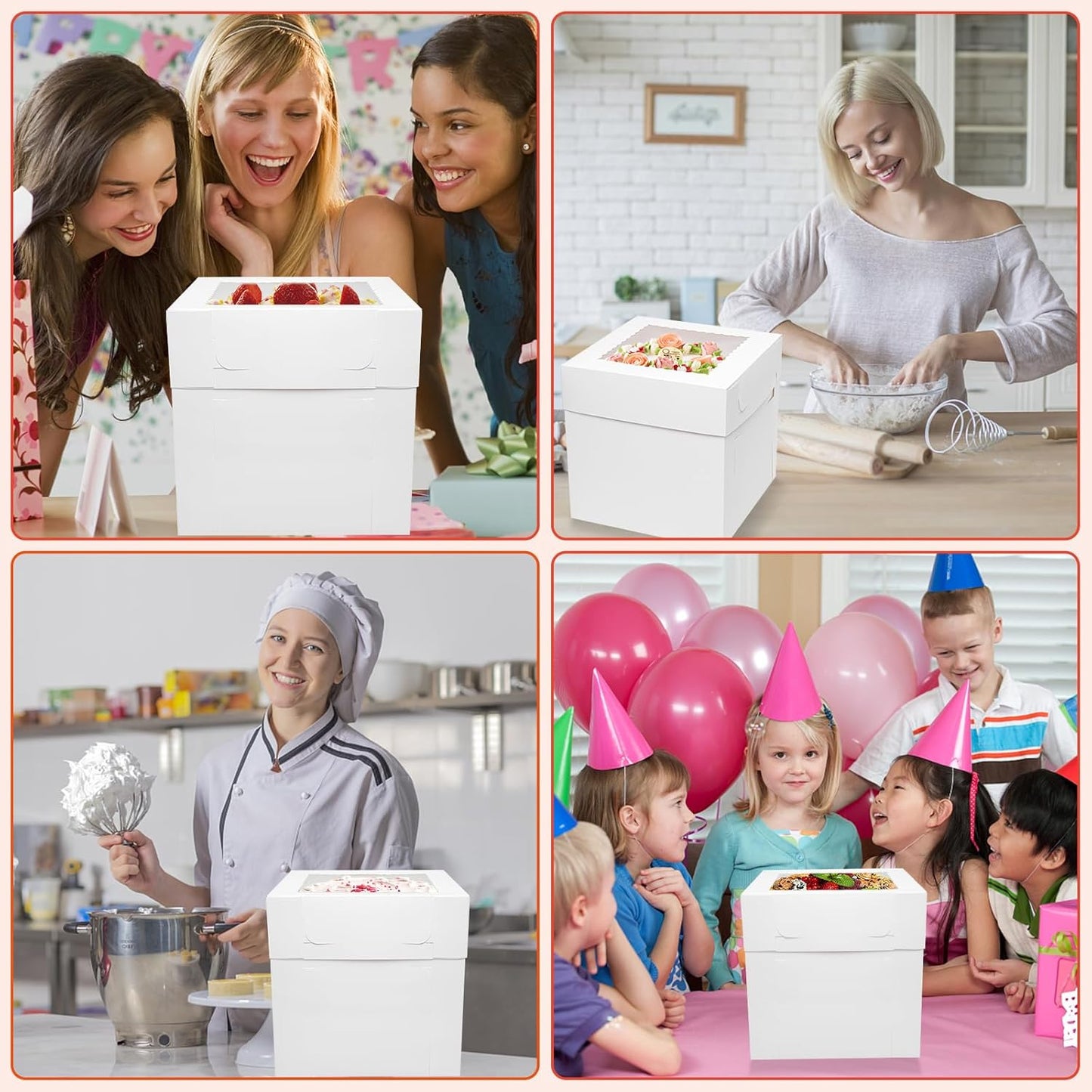 Mefleet 16pcs Cake Boxes 2 Sizes 12x12x12 10x10x10 Inches Tall Cake Boxes with Window for Tier Baking Disposable Bakery Containers with Lids White Large Cardboard Take Out Carrier for Wedding, Party