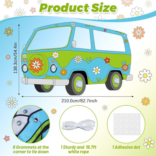 Mysterious Car Photo Prop Selfie Frame Funny Mystery Bus Prop Banner Hippie Bus Backdrop Background Mystery Daisy Van Fabric Photo Booth Cartoon Party Decor Supplies for Kids Boys Girls Birthday Sign