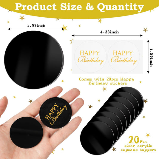 20pcs Gold Mirror Acrylic Happy Birthday Cupcake Toppers Round Engraved Cake Picks Happy Birthday Cake Toppers for DIY Birthday Gift Flower Bouquet Pastries Desserts Decor