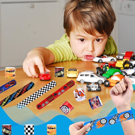 YANMIN 60pcs Race Car Party Favors Kids Bulk Slap Bracelets with Race Cars Theme Goodie Bags Stuffers for Birthday Christmas Halloween Party, Treasure Box Toys for Classroom Prizes