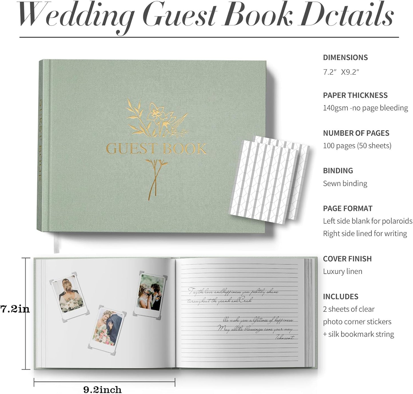 Wedding Guest Book for Memorial Service with 216 Photo Corners Stickers, Linen Guestbook to Sign at Bridal Shower or Wedding Reception Party,100 Pages, Blank Thick Paper Books for Baby Shower- Sage