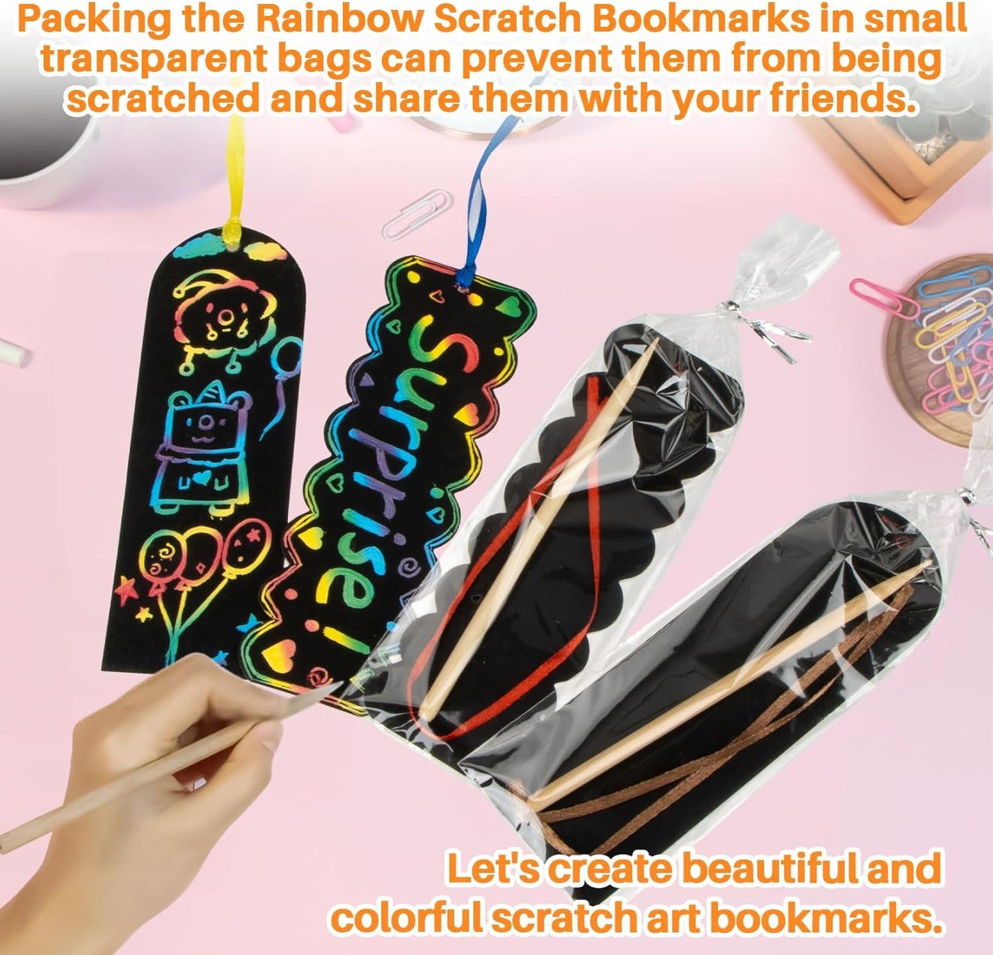 MAQIHAN Scratch Art Bookmarks - 36 Sets 4 Style Making Kit Paper with Scratching Tools Satin Ribbons Create Rainbow Without Ink Christmas Ornaments Hanging DIY Party Favors for Classroom
