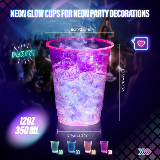 KesaPlan 120 PCS Plastic Neon Cups, 12 OZ Disposable Glow Cups Under UV Black Light for Neon Party Decorations, Colorful Glow in the Dark for Rave Party Christmas Thanksgiving Halloween Holidays