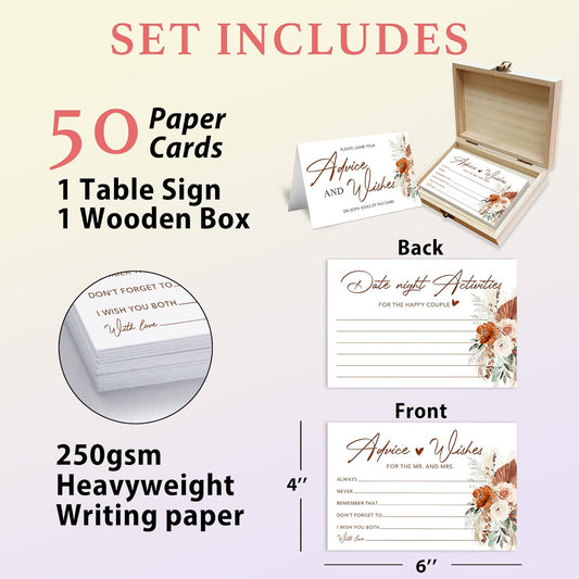 Boho Advice and Wishes for the Mr and Mrs - 50 Packs Wedding Advice Cards Bridal Shower Game Cards with Box Reception Guest Book for Bride Groom Newlywed Engagement Party Decoration -A08