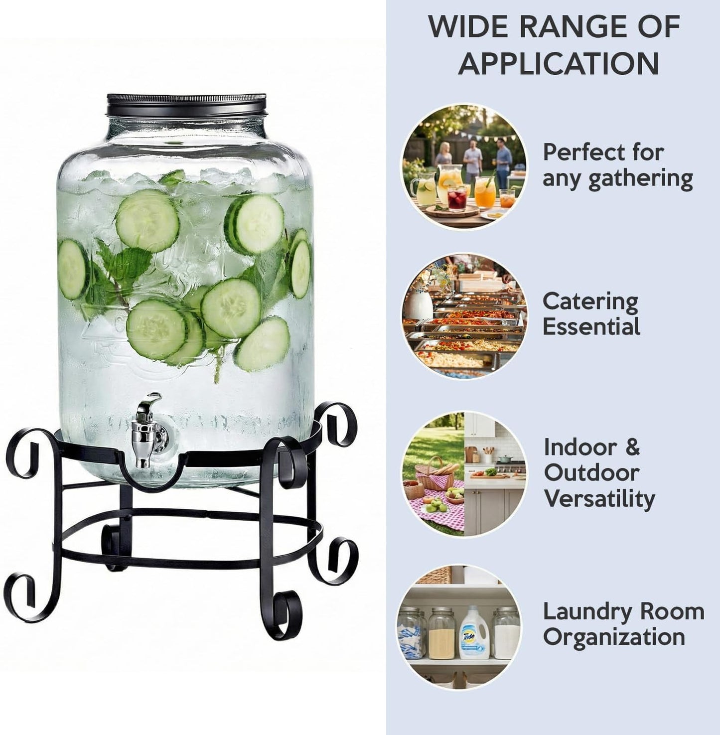 Style Setter Beverage Dispenser Cold Drink Dispenser w/ 3-Gallon Capacity Glass Jug, Metal Stand & Leak-Proof Acrylic Spigot Great for Parties, Weddings & More