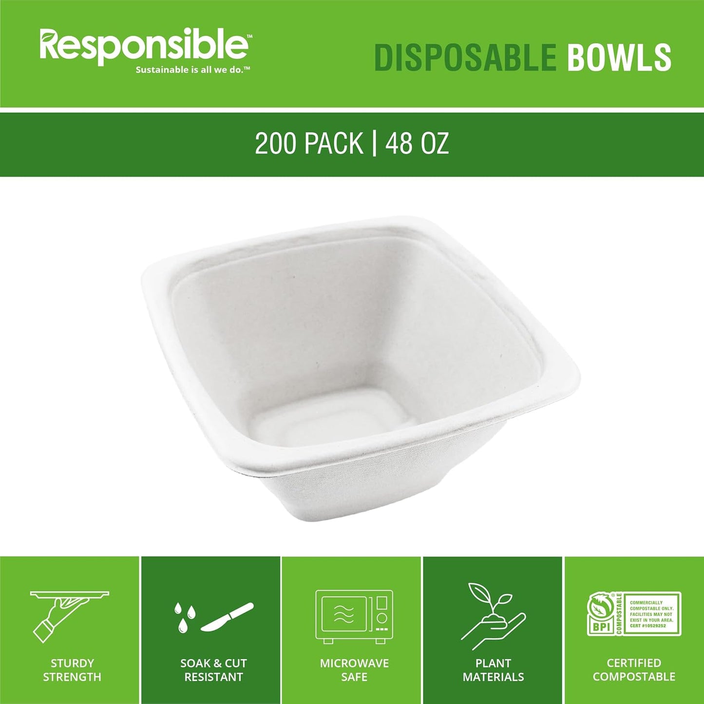 Responsible Products 100% Compostable Square Serving Bowls, 48 oz Disposable Paper Bowls, Microwave Safe, Freezer Safe, Soup Safe, No Plastic, Eco-Friendly, Tree-Free, No PFAS. White (50 Count)
