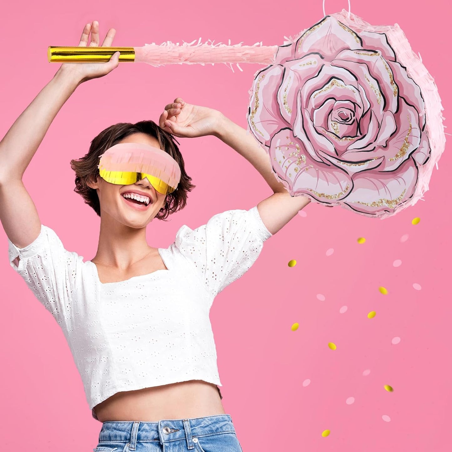 Pink Flower Piñata Set with Blindfold Bat and Confetti Floral Piñata Girls Party Game for Graduation Birthday Baby Shower Gender Reveal Wedding Party (13.78 x 12.99 Inches)