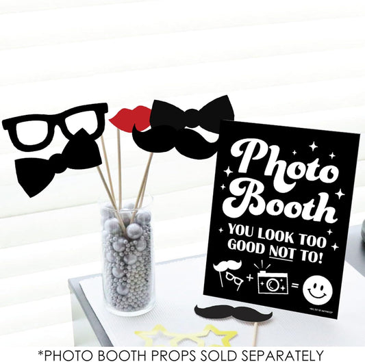 Big Dot of Happiness Photo Booth Sign with Stand – Festive & Durable Plastic Display – Indoor & Outdoor Party Decoration – 10.5” x 13.75”